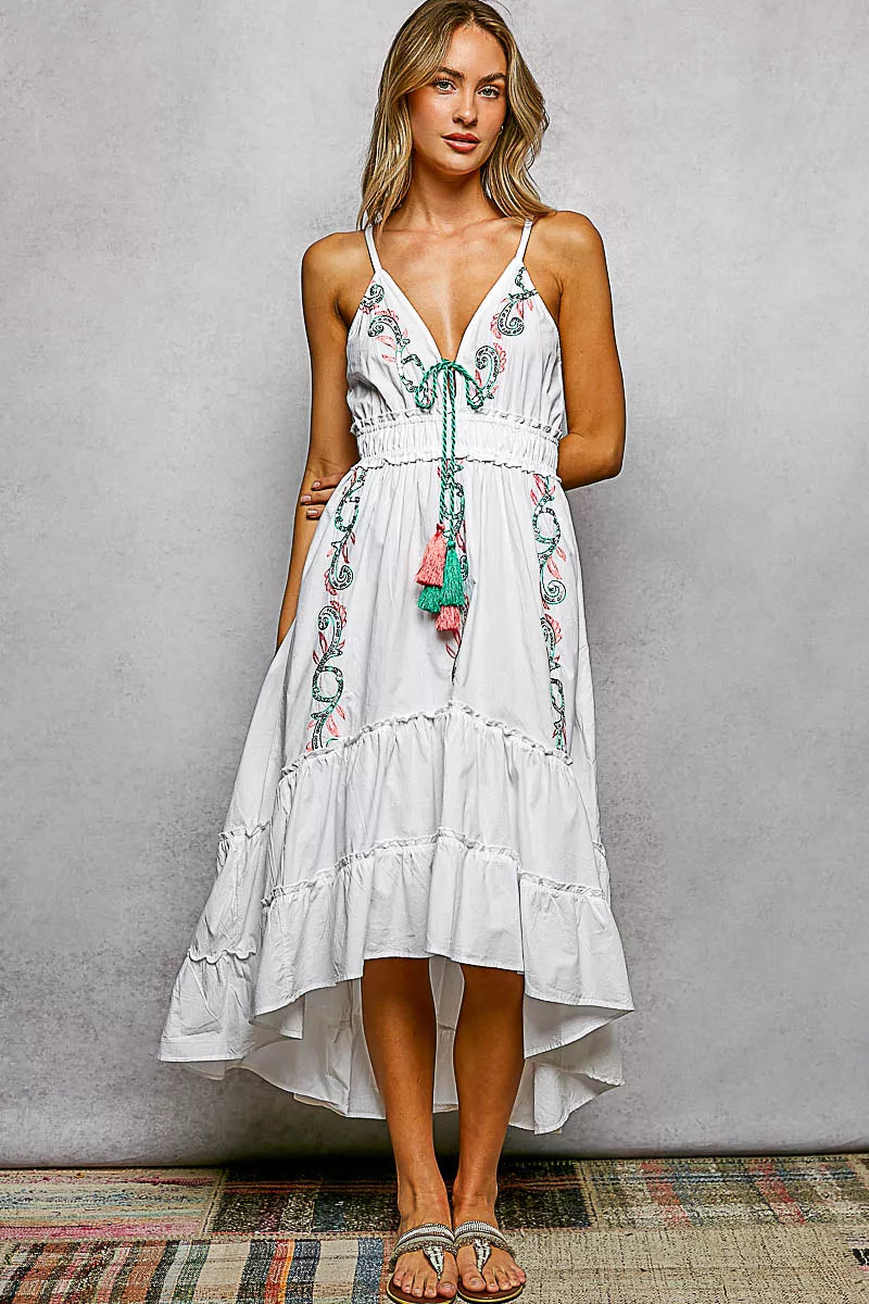 Ivory POL embroidered detail tassel tie smocked waist midi tiered cami dress by Trendsi, featuring embroidery and flowy tiered design.