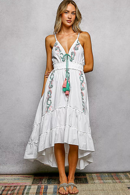 Ivory POL embroidered detail tassel tie smocked waist midi tiered cami dress by Trendsi, featuring embroidery and flowy tiered design.