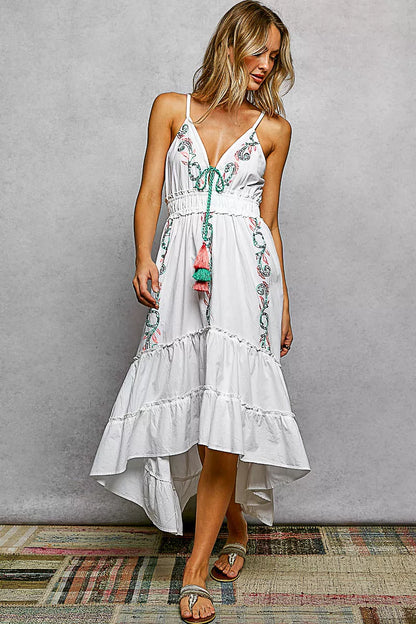 Ivory POL embroidered tassel tie smocked waist midi tiered cami dress by Trendsi, featuring embroidered details and tassel accents.