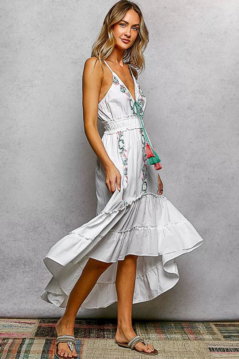Ivory POL embroidered detail tassel tie smocked waist midi tiered cami dress by Trendsi, shown with embroidered accents and flowing fabric.