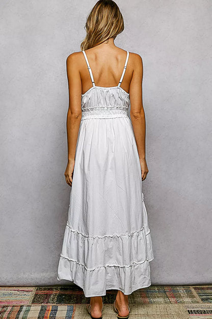 Ivory POL embroidered detail tassel tie smocked waist midi tiered cami dress by Trendsi, featuring embroidered accents and tiered design.