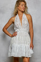 Ivory POL halter lace patch ruffle mini dress with adjustable back tie, trendy and elegant for summer or special occasions.