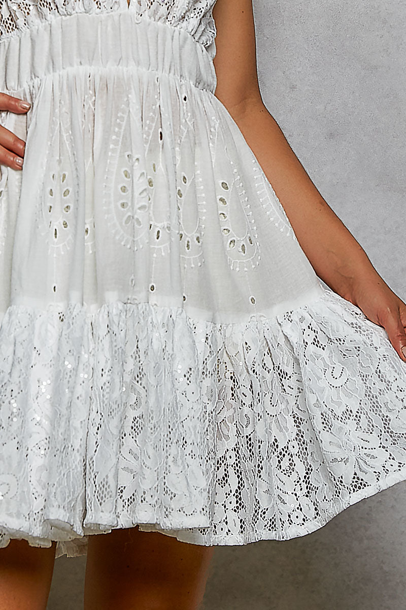 Ivory POL halter lace patch ruffle mini dress with adjustable back tie, trendy fashion from Trendsi.