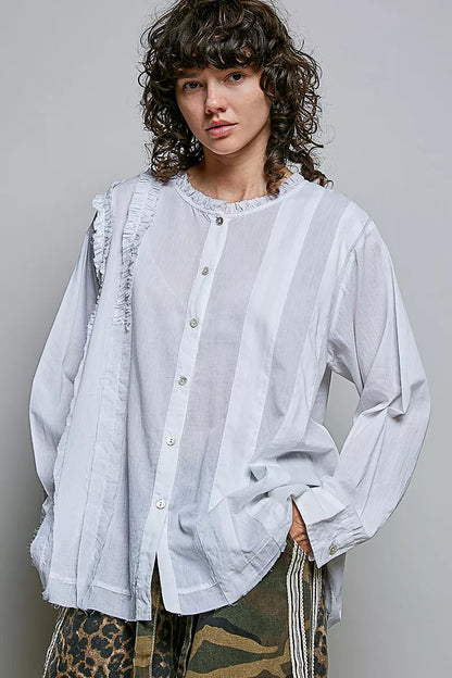 Ivory lightweight woven shirt with ruffle trim and round neckline by Trendsi, stylish and breathable women's blouse.