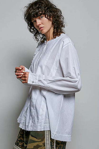 Ivory lightweight woven shirt by Trendsi with ruffle trim and round neckline, casual and stylish for everyday wear.
