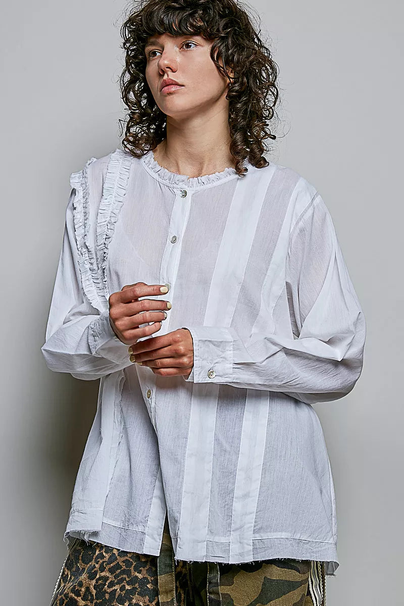 Ivory lightweight woven shirt with ruffle trim and round neckline by Trendsi, displayed flat on a white background.