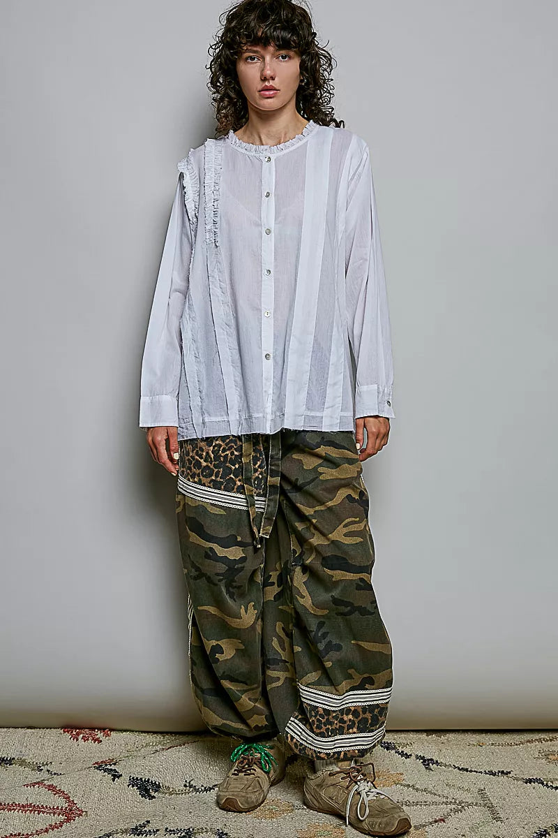 Ivory lightweight woven shirt by Trendsi with ruffle trim and round neckline, casual and stylish women's blouse.