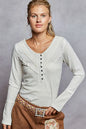 Ivory POL ribbed knit top with half buttons and lace detail, stylish Trendsi women’s fashion top.