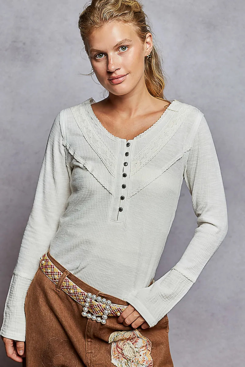 Ivory POL ribbed knit top with half-button closure and lace detail, stylish women's fashion by Trendsi.