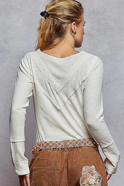 Ivory POL ribbed knit top with half-button closure and lace detail, stylish women's fashion by Trendsi.