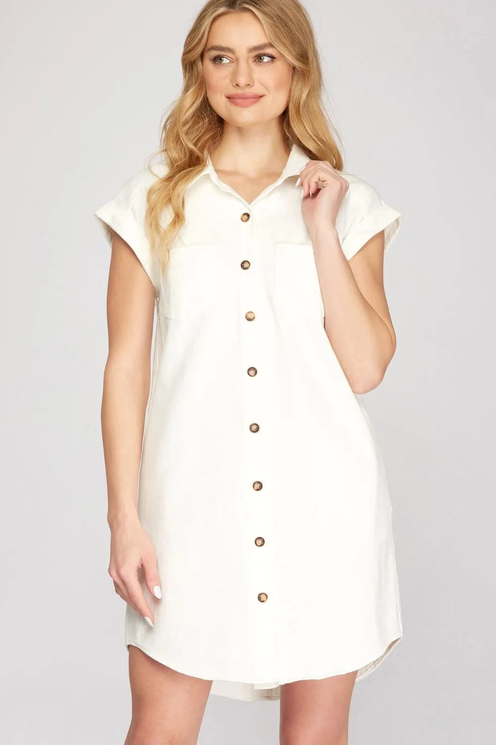 She + Sky full size ivory washed twill shirt dress with folded cuffs, button-down front, plus size, by Trendsi