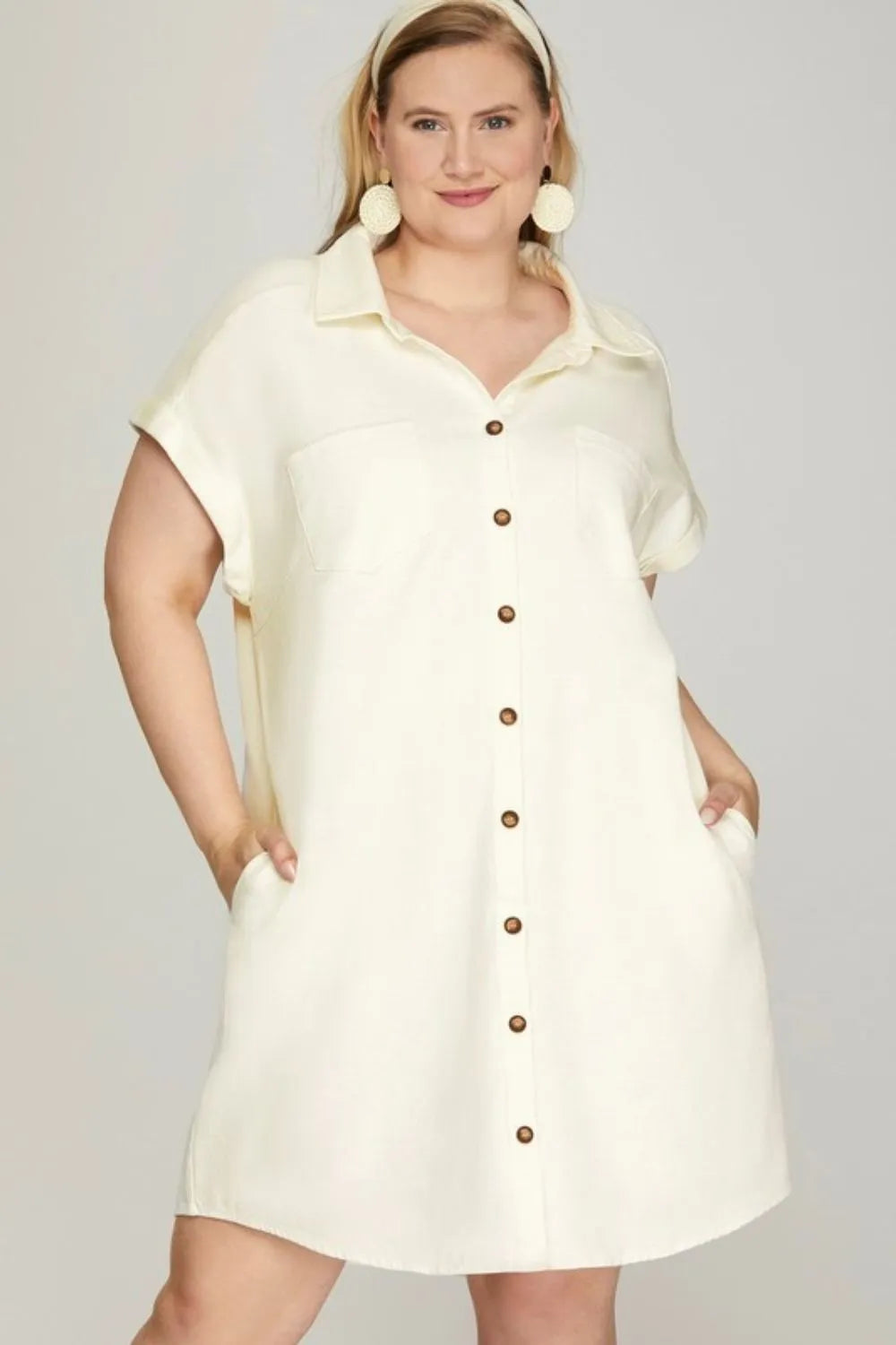 Plus size ivory She + Sky button-down shirt dress with folded cuffs, washed twill fabric, full size, trendy and casual style.
