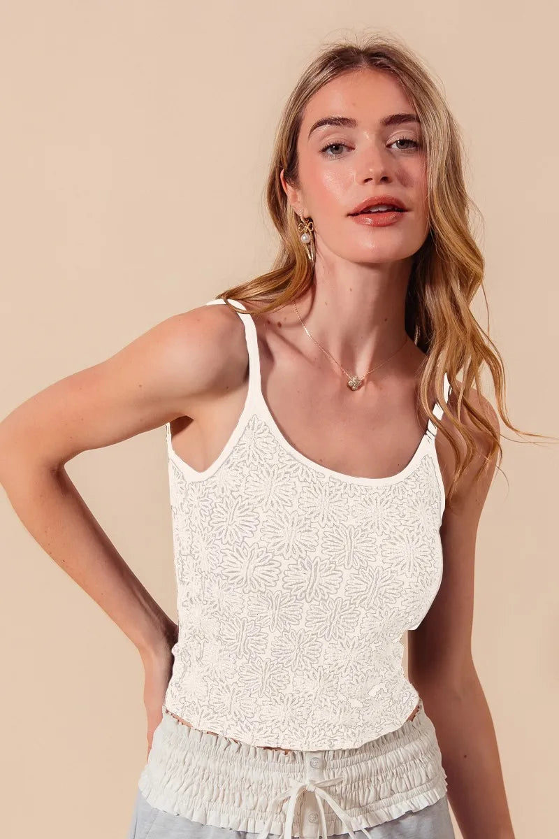Ivory SO ME Two Tone Floral Seamless Tank Top by Trendsi, featuring a floral pattern and smooth, stretchy fabric for a comfortable fit.
