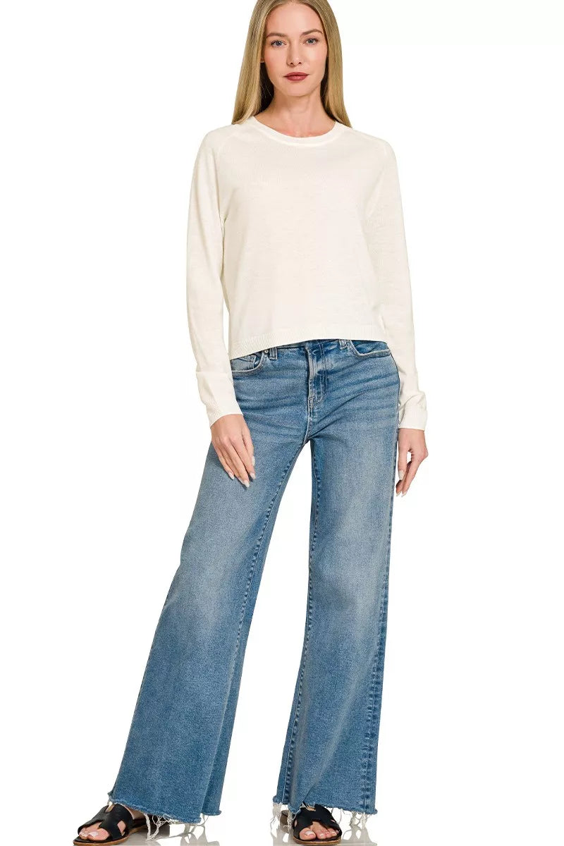 Ivory lightweight wool blend round neck sweater by Zenana, casual long-sleeve knit top with soft texture for women.