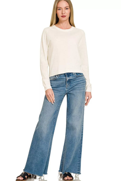 Ivory lightweight wool blend round neck sweater by Zenana, casual long-sleeve knit top with soft texture for women.