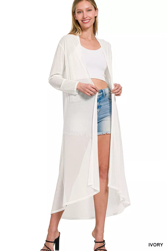 Ivory Zenana Mesh Open Front Cardigan by Trendsi, featuring lightweight open-front design and breathable mesh fabric.