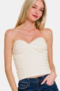 Ivory Zenana ruched twisted sweetheart neck top on a model, showcasing the stylish neckline and fitted design.