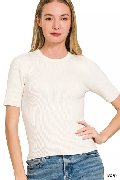 Ivory Zenana viscose ribbed round neck sweater from Trendsi, featuring a cozy fit and textured knit fabric.