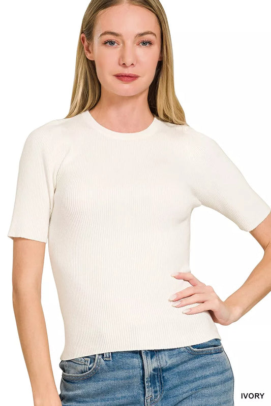 Ivory Zenana viscose ribbed round neck sweater from Trendsi, featuring a cozy fit and textured knit fabric.