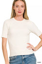 Ivory Zenana viscose ribbed round neck sweater from Trendsi, featuring a cozy fit and textured knit fabric.