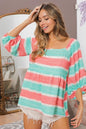 Trendsi BiBi Stripe Printed Bubble Woven Top with balloon sleeves, featuring colorful stripe pattern and lightweight fabric.