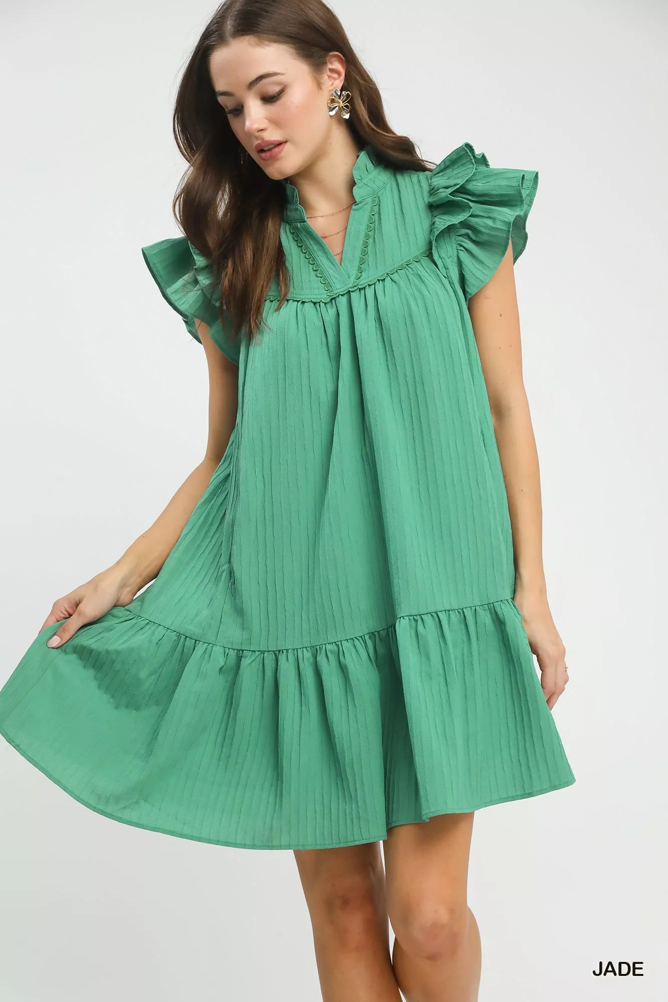 Umgee Flutter Sleeve Tiered Dress in jade color, featuring a flowy silhouette and tiered design, perfect for casual or semi-formal wear.
