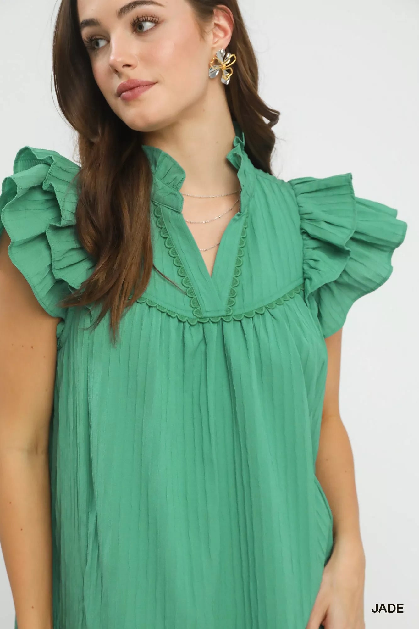 Umgee Flutter Sleeve Tiered Dress by Trendsi, featuring a flowy silhouette with flutter sleeves and tiered design in soft fabric.