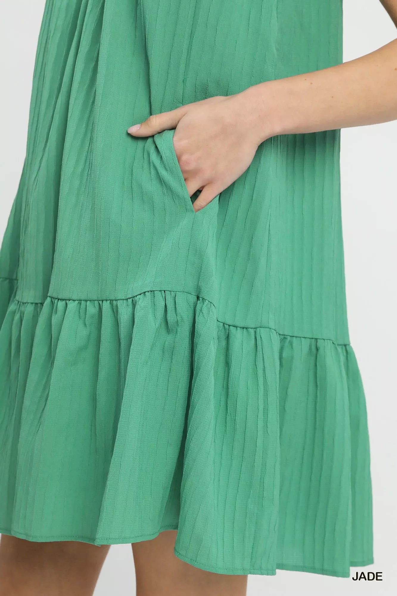 Pink Umgee Flutter Sleeve Tiered Dress by Trendsi, featuring flowy tiers and flutter sleeves, suitable for casual or semi-formal wear.