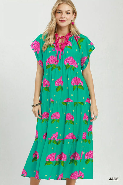 Hydrangea print tiered midi dress by Umgee featuring a flowy silhouette and floral pattern, perfect for spring and summer wear.