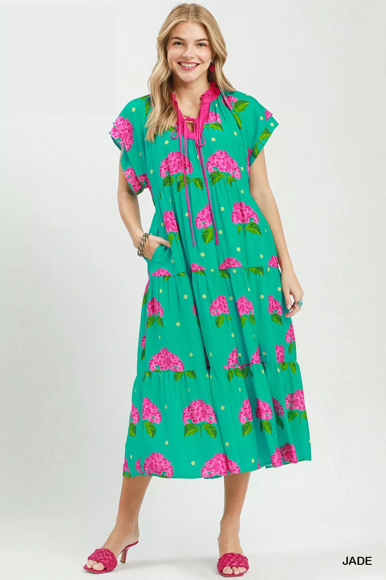 Hydrangea print tiered midi dress by Umgee, featuring a flowy silhouette and feminine floral design.