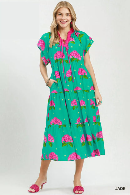Hydrangea print tiered midi dress by Umgee, featuring a flowy silhouette and feminine floral design.