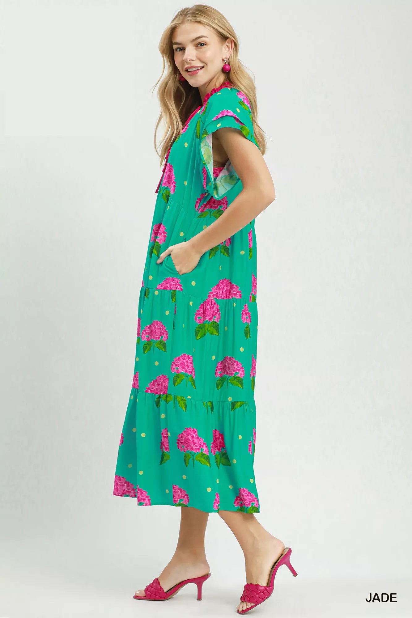 Hydrangea print tiered midi dress by Umgee featuring a flowy silhouette and floral pattern, perfect for casual and summer wear.
