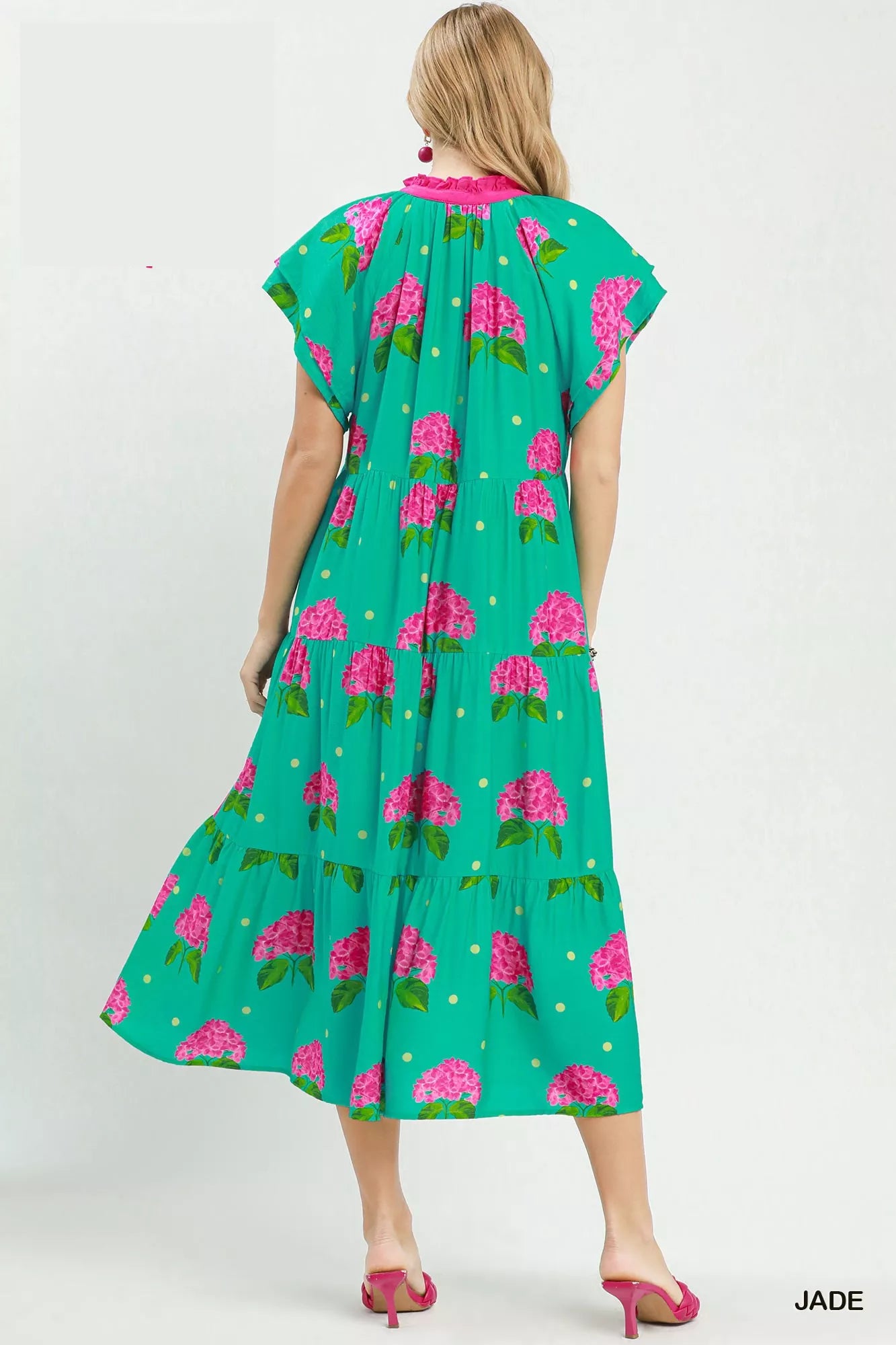Hydrangea print tiered midi dress by Umgee featuring flowy fabric and a relaxed fit, ideal for casual or summer wear.