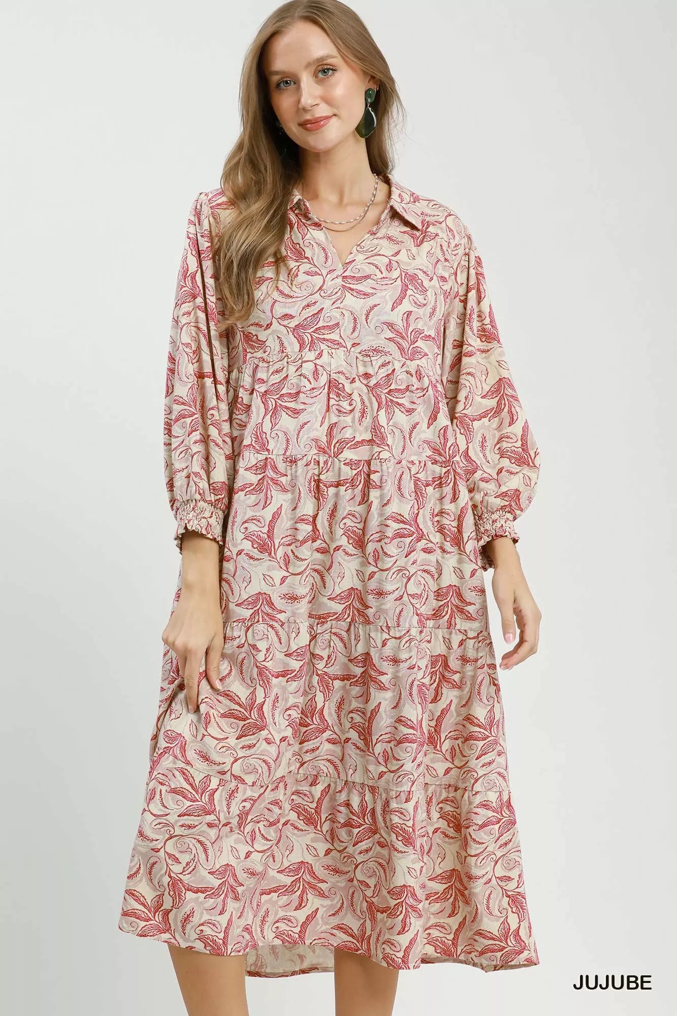 Umgee linen botanical print tiered midi dress with flowy fabric and tiered design, perfect for casual or summer wear.