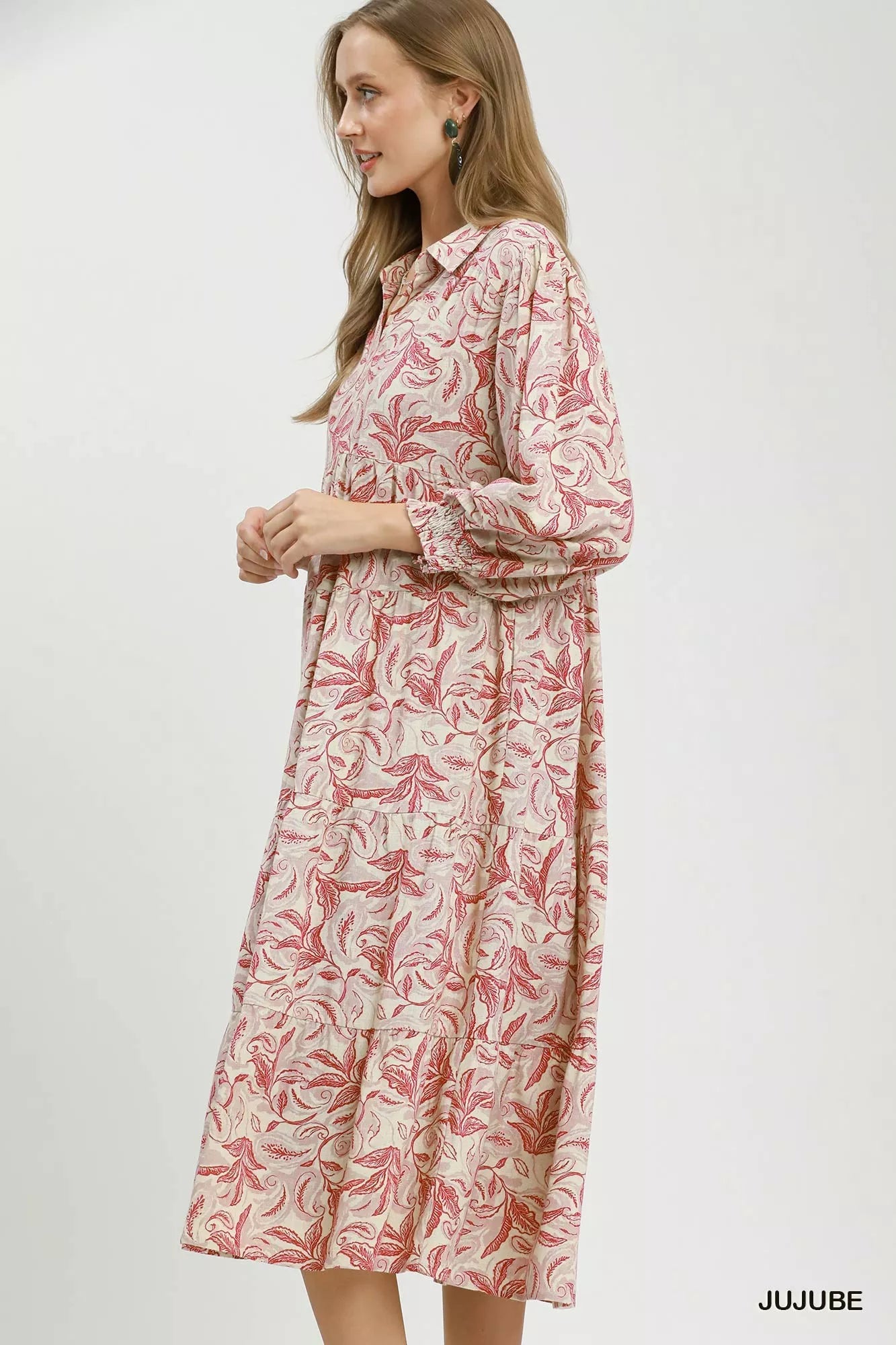 Umgee Linen Botanical Print Tiered Midi Dress with floral pattern, lightweight fabric, and relaxed fit.