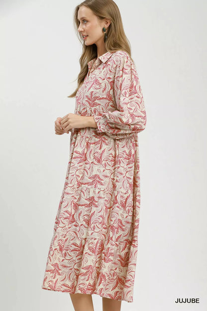 Umgee Linen Botanical Print Tiered Midi Dress with floral pattern, lightweight fabric, and relaxed fit.