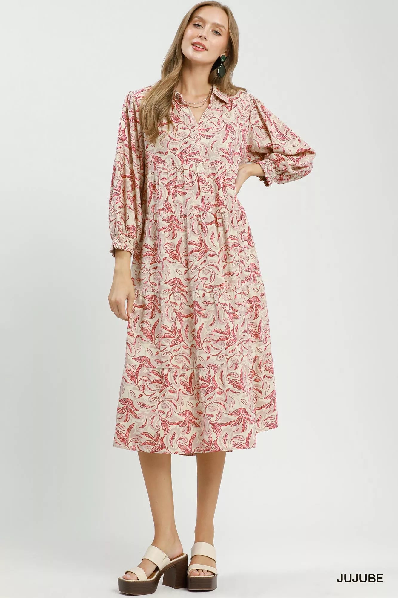 Umgee linen botanical print tiered midi dress with a flowy silhouette and tiered design, perfect for casual or summer wear.