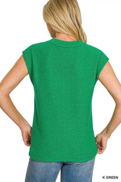 Green Zenana sleeveless sweater with center seam, casual knit top from Trendsi, displayed on a plain background.