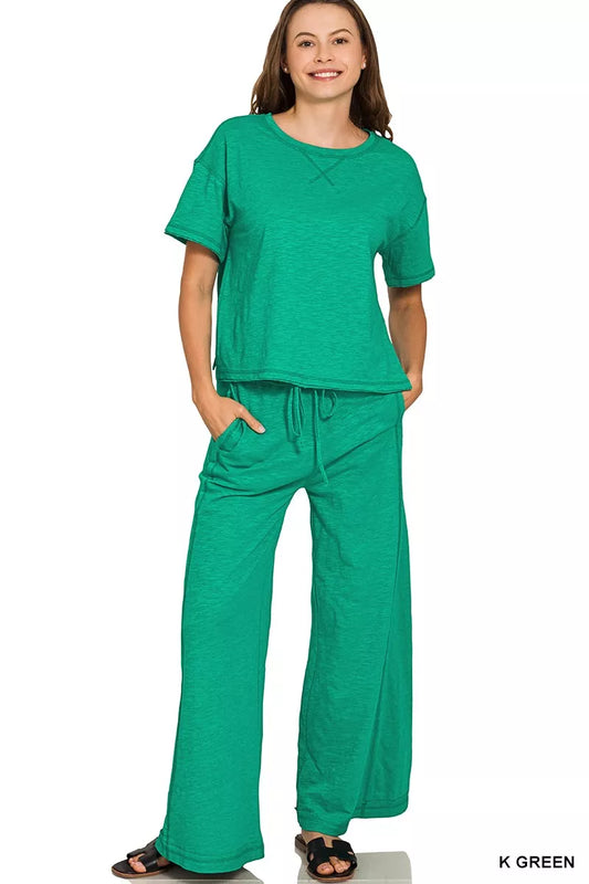 Green Zenana cotton slub short sleeve tee and matching pants set, casual loungewear for women, made by Trendsi.