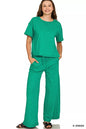 Green Zenana cotton slub short sleeve tee and matching pants set, casual loungewear for women, made by Trendsi.