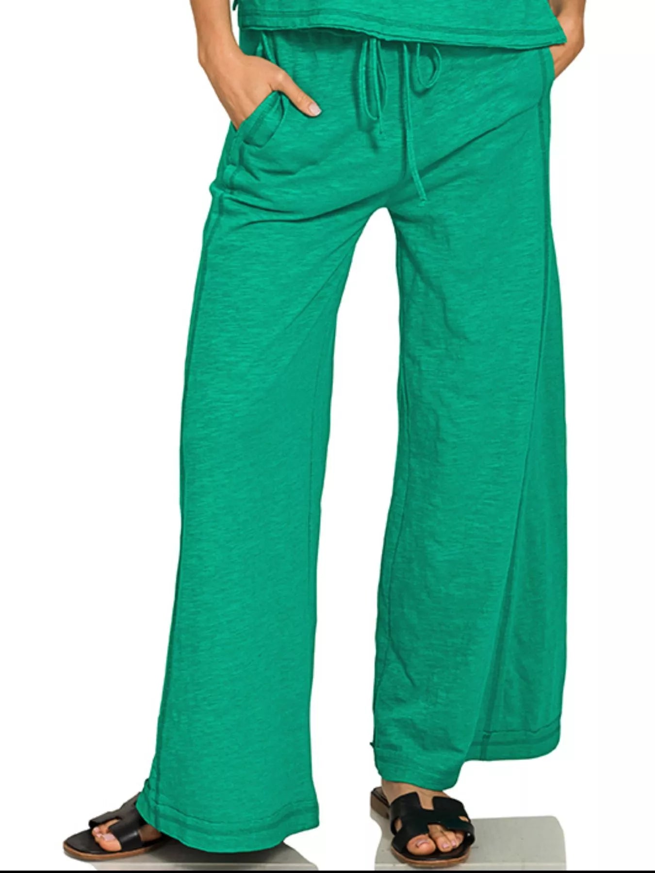 Green Zenana cotton slub short sleeve tee and matching pants set, casual and comfortable loungewear for women.
