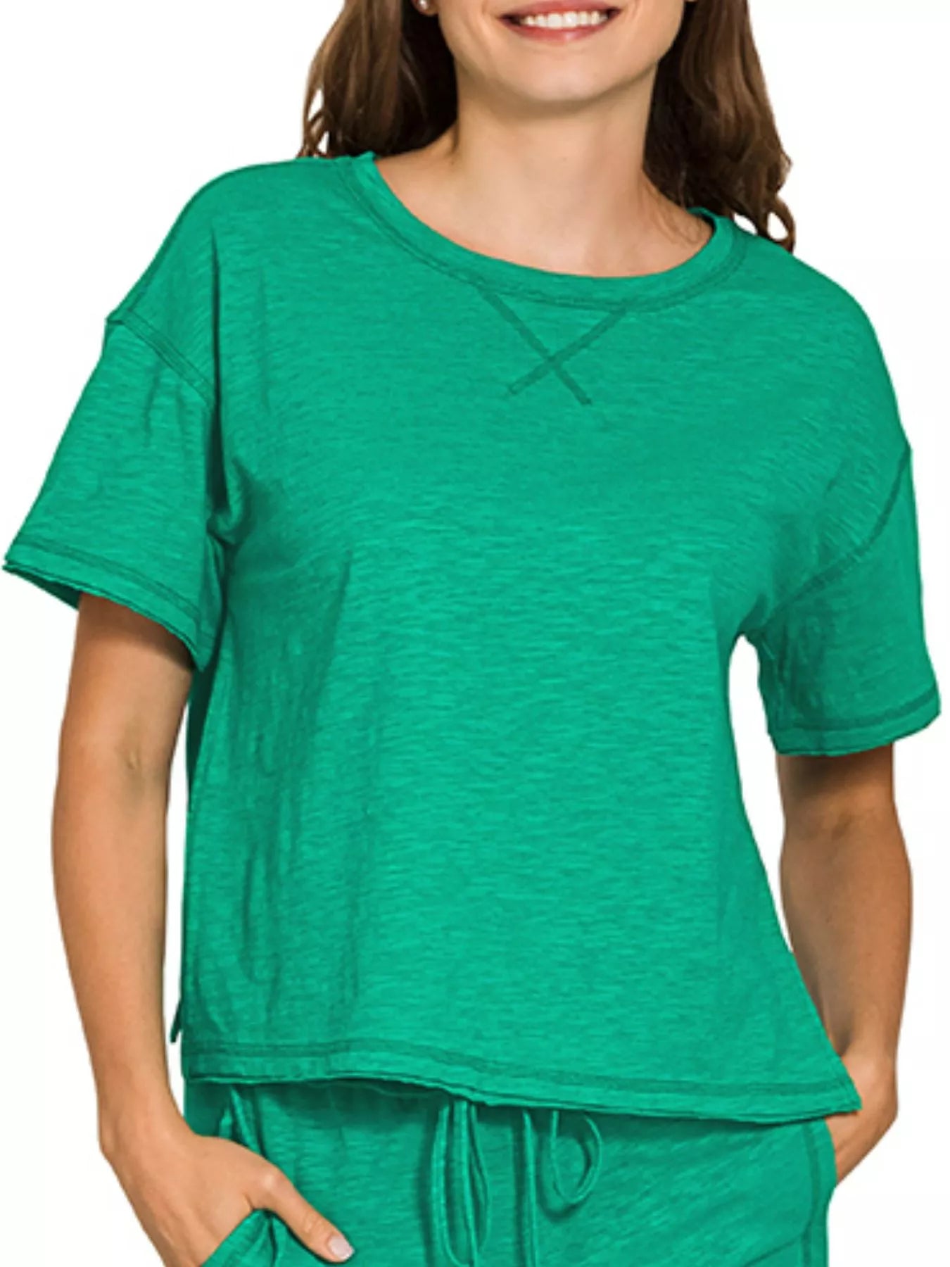 Green Zenana cotton slub short sleeve tee and pants set featuring a comfortable, casual design for everyday wear.