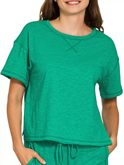 Green Zenana cotton slub short sleeve tee and pants set featuring a comfortable, casual design for everyday wear.