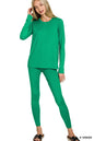 Green Zenana microfiber round neck top and leggings set from Trendsi, featuring a comfortable fit and casual style.