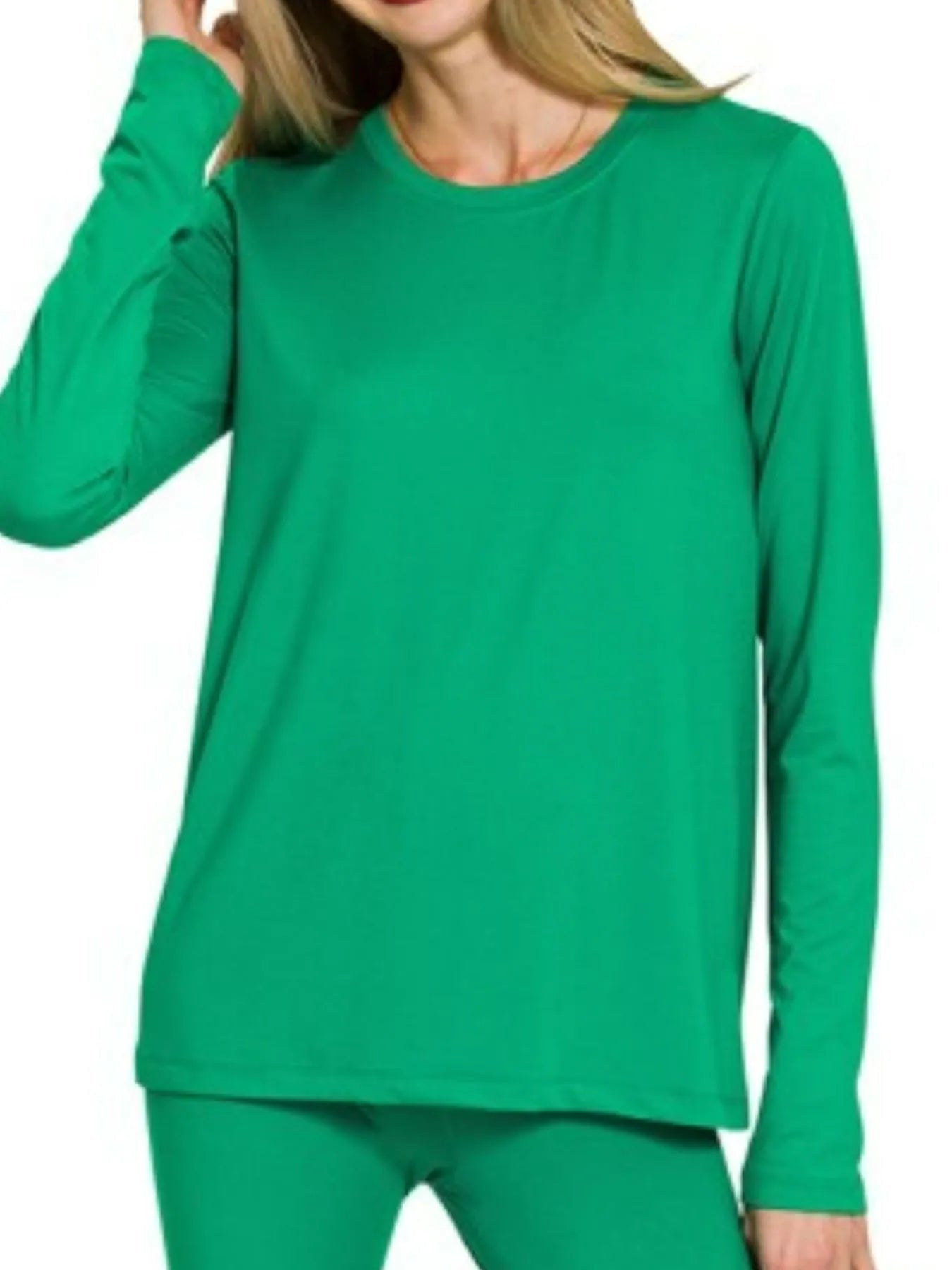 Green Zenana microfiber round neck top and leggings set, soft and comfortable activewear for women.