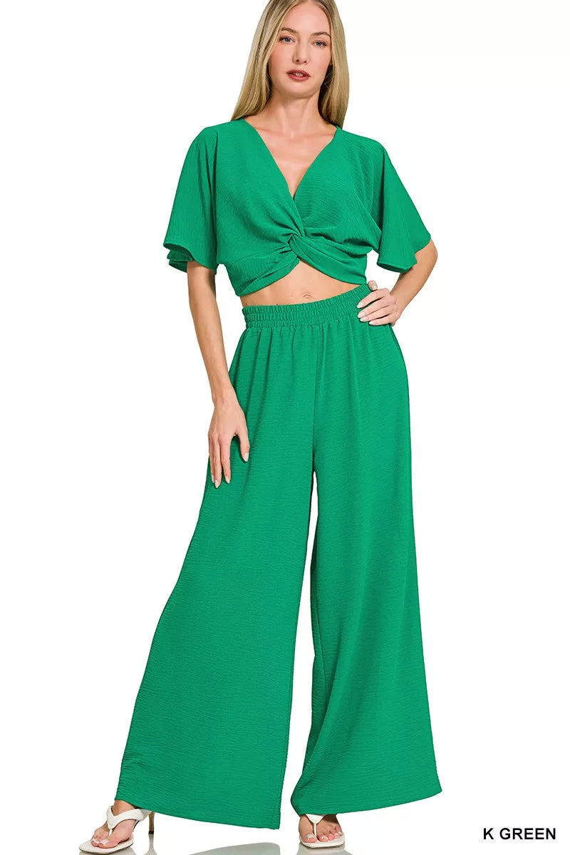 Green Zenana woven airflow twisted top and wide-leg pants set, stylish and comfortable women's fashion ensemble.