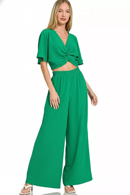 Zenana woven airflow twisted top and wide-leg pants set in green, stylish and comfortable clothing by Trendsi.