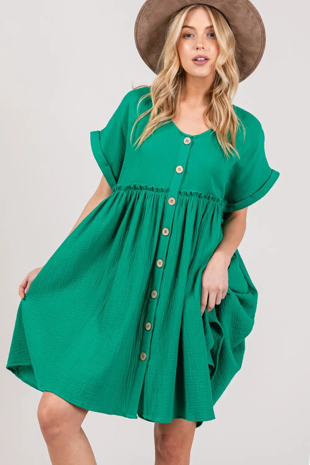 Kelly green SAGE + FIG full-size button-up short sleeve dress with a classic collar and front buttons, styled for casual wear.