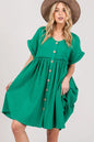 Kelly green SAGE + FIG full-size button-up short sleeve dress with a classic collar and front buttons, styled for casual wear.