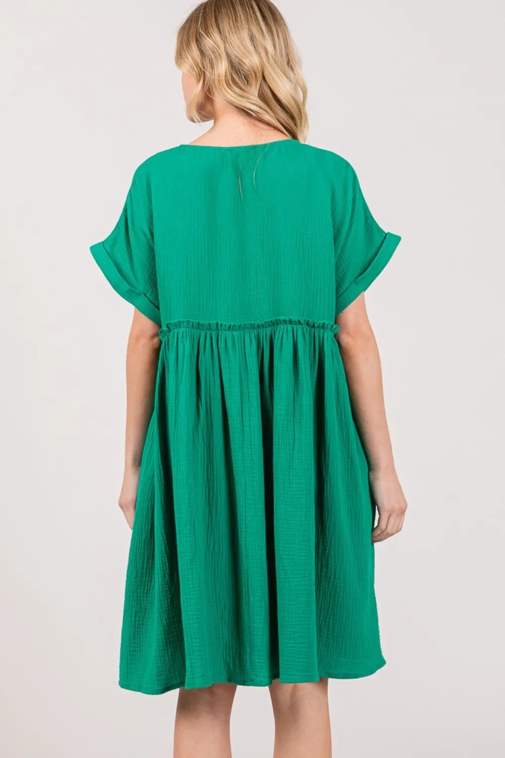 Kelly green Sage and Fig short sleeve button-up dress by Trendsi, full size, lightweight fabric, casual summer style.